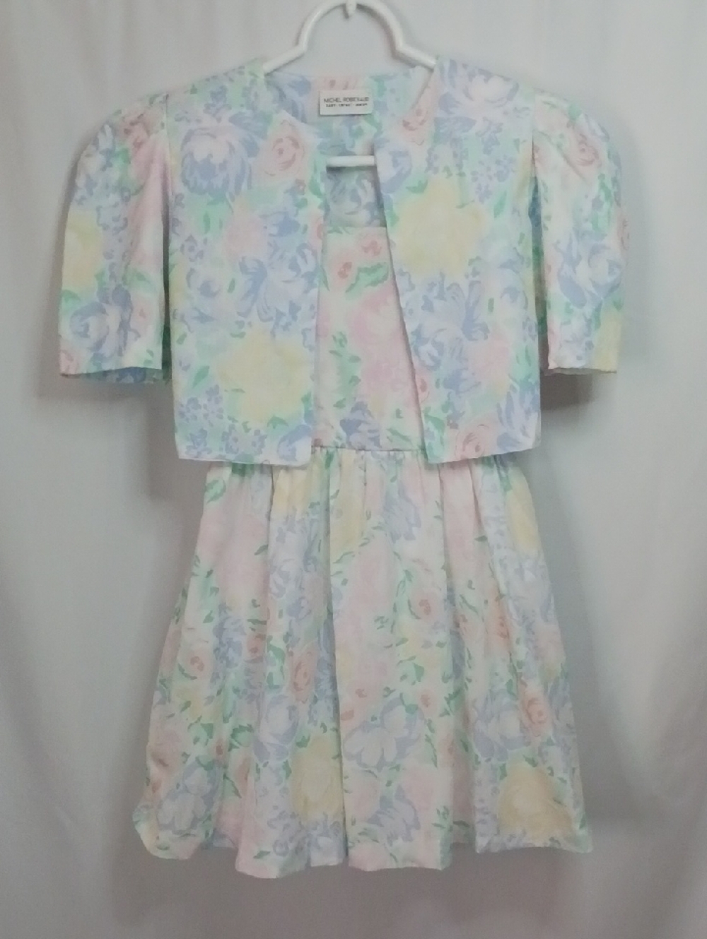 90s Michel Robichaud Pastel Floral Dress with Matching Cropped Jacket.